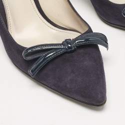 Prada Navy Blue Patent Leather and Suede Bow Pointed Toe Pumps Size 37.5
