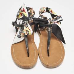 Prada Black Saffiano Leather T-Strap Ribbon Flat Sandals Size 40