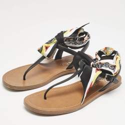 Prada Black Saffiano Leather T-Strap Ribbon Flat Sandals Size 40