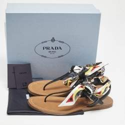 Prada Black Saffiano Leather T-Strap Ribbon Flat Sandals Size 40