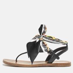 Prada Black Saffiano Leather T-Strap Ribbon Flat Sandals Size 40
