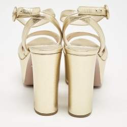 Prada Gold Saffiano Leather Ankle Strap Block Heel Platform Sandals Size 36