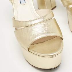 Prada Gold Saffiano Leather Ankle Strap Block Heel Platform Sandals Size 36