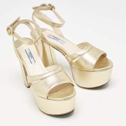 Prada Gold Saffiano Leather Ankle Strap Block Heel Platform Sandals Size 36