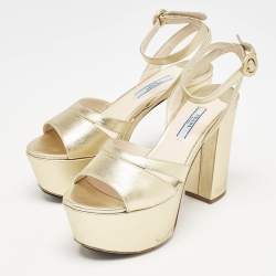 Prada Gold Saffiano Leather Ankle Strap Block Heel Platform Sandals Size 36