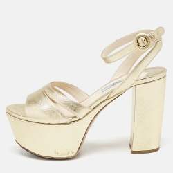 Prada Gold Saffiano Leather Ankle Strap Block Heel Platform Sandals Size 36