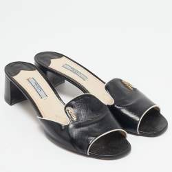 Prada Black Saffinao Patent Leather Slide Sandals Size 39