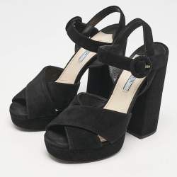 Prada Black Suede Ankle Strap Block Heel Platform Sandals Size 38