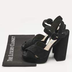 Prada Black Suede Ankle Strap Block Heel Platform Sandals Size 38