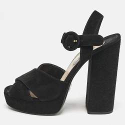 Prada Black Suede Ankle Strap Block Heel Platform Sandals Size 38