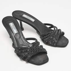 Prada Black Satin  Crystal Embellished Slide Sandals Size 36