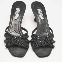 Prada Black Satin  Crystal Embellished Slide Sandals Size 36