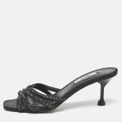 Prada Black Satin  Crystal Embellished Slide Sandals Size 36