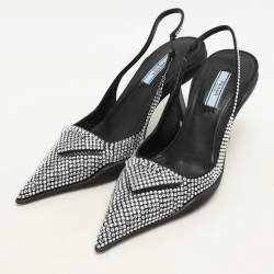 Prada Black Satin Crystal Embellished Pointed Toe Slingback Pumps 36.5