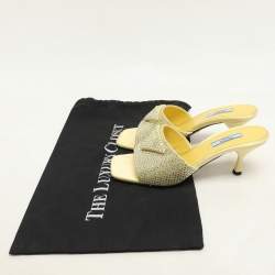 Prada Yellow Crystal Embellished Satin Logo Slide Sandals Size 37
