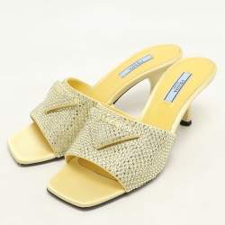 Prada Yellow Crystal Embellished Satin Logo Slide Sandals Size 37