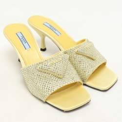 Prada Yellow Crystal Embellished Satin Logo Slide Sandals Size 37