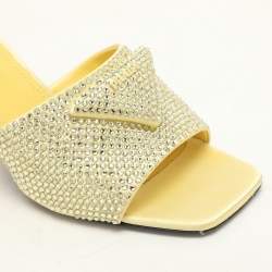 Prada Yellow Crystal Embellished Satin Logo Slide Sandals Size 37