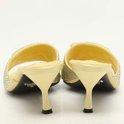 Prada Yellow Crystal Embellished Satin Logo Slide Sandals Size 37