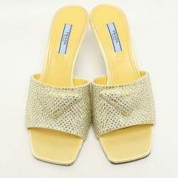Prada Yellow Crystal Embellished Satin Logo Slide Sandals Size 37