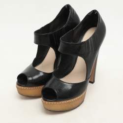 Prada Black Crackled Leather Mary Jane Platform Pumps Size 36.5
