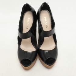 Prada Black Crackled Leather Mary Jane Platform Pumps Size 36.5