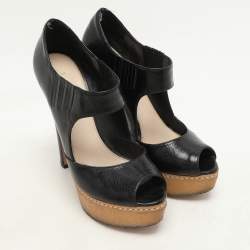 Prada Black Crackled Leather Mary Jane Platform Pumps Size 36.5