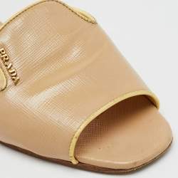 Prada Beige Saffiano Patent Leather Flat Slide Sandals Size 37.5