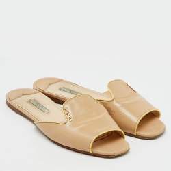 Prada Beige Saffiano Patent Leather Flat Slide Sandals Size 37.5