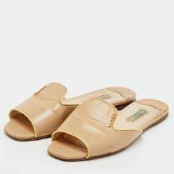 Prada Beige Saffiano Patent Leather Flat Slide Sandals Size 37.5