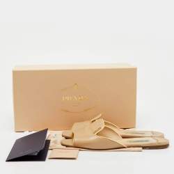 Prada Beige Saffiano Patent Leather Flat Slide Sandals Size 37.5