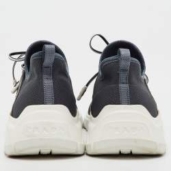 Prada Grey/Black Knit Fabric and Leather Logo Print Low Top Sneakers Size 36