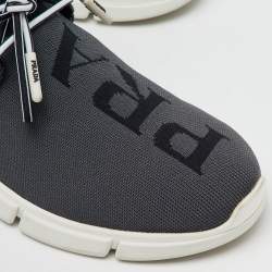 Prada Grey/Black Knit Fabric and Leather Logo Print Low Top Sneakers Size 36