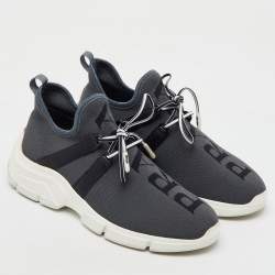 Prada Grey/Black Knit Fabric and Leather Logo Print Low Top Sneakers Size 36