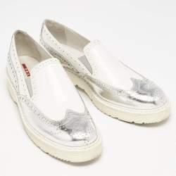 Prada Sport White/Silver Brogue Leather Slip On Loafer Sneakers Size 39.5