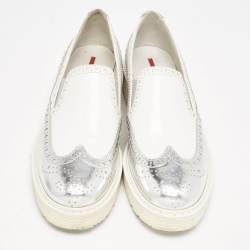Prada Sport White/Silver Brogue Leather Slip On Loafer Sneakers Size 39.5