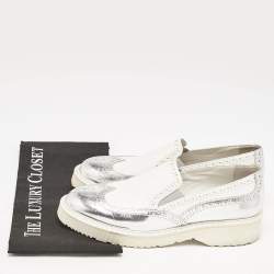 Prada Sport White/Silver Brogue Leather Slip On Loafer Sneakers Size 39.5