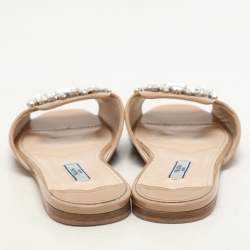 Prada Beige Patent Leather Crystal Embellished Slide Sandals Size 36.5