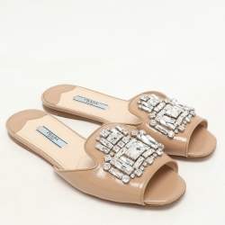 Prada Beige Patent Leather Crystal Embellished Slide Sandals Size 36.5