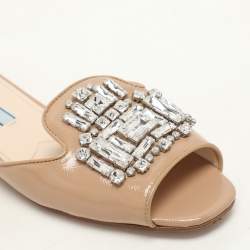 Prada Beige Patent Leather Crystal Embellished Slide Sandals Size 36.5