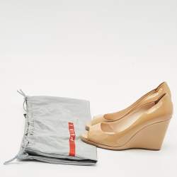 Prada Beige Patent Leather Peep Toe Wedge Pumps Size 39