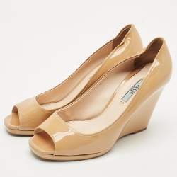 Prada Beige Patent Leather Peep Toe Wedge Pumps Size 39