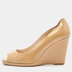 Prada Beige Patent Leather Peep Toe Wedge Pumps Size 39