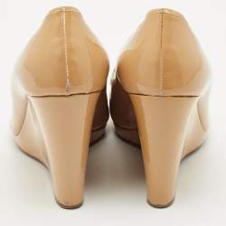Prada Beige Patent Leather Peep Toe Wedge Pumps Size 39