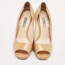 Prada Beige Patent Leather Peep Toe Wedge Pumps Size 39