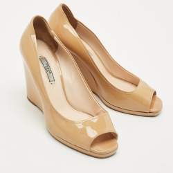 Prada Beige Patent Leather Peep Toe Wedge Pumps Size 39