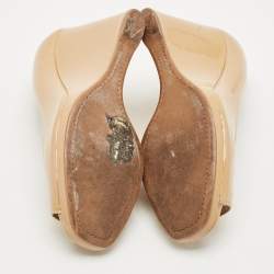 Prada Beige Patent Leather Peep Toe Wedge Pumps Size 39