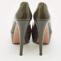 Prada Olive Green Patent Leather Peep Toe Platform Pumps Size 36.5