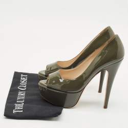 Prada Olive Green Patent Leather Peep Toe Platform Pumps Size 36.5