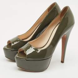 Prada Olive Green Patent Leather Peep Toe Platform Pumps Size 36.5
